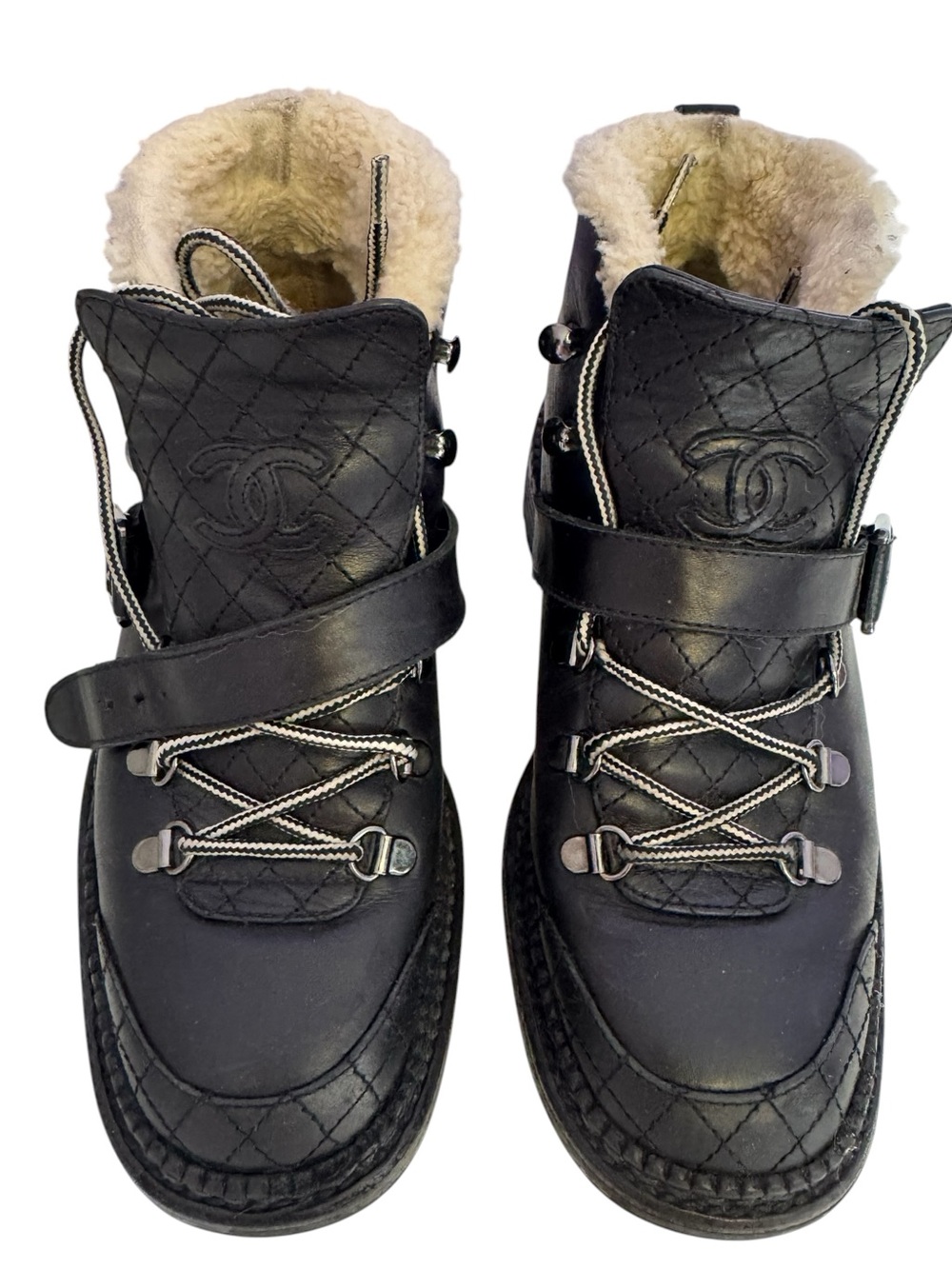 CHANEL Black Quilted Leather Shearling-Lined Lace-Up Boots